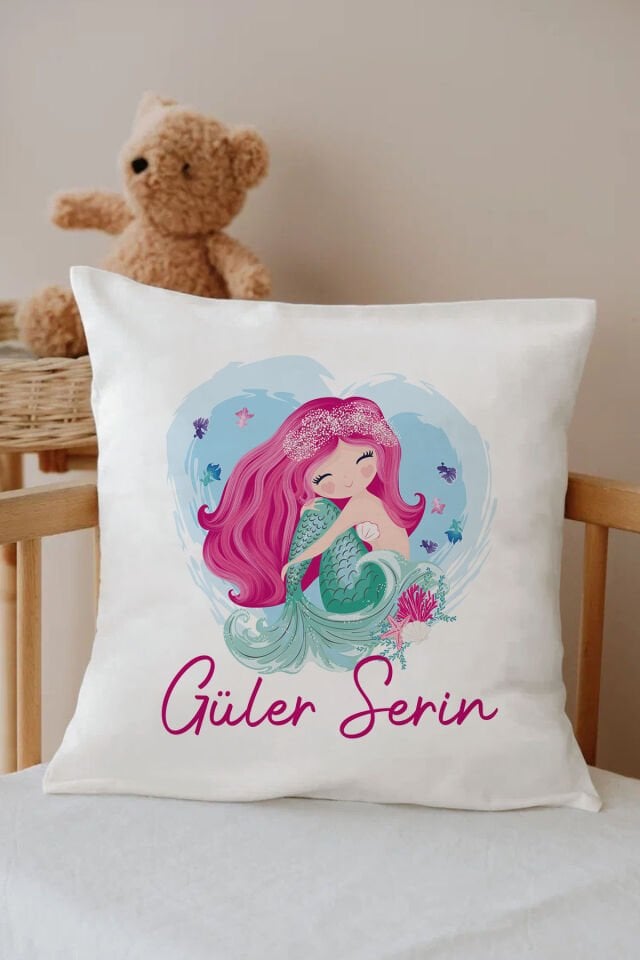 İsme Özel %100 Pamuk Çocuk Odası Kırlent Kılıfı-Pembe Deniz Kızı