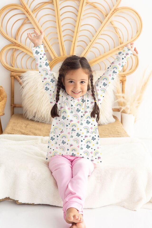 %100 Pamuk Kelebekli Bebek Çocuk Pijama Takımı 5 YAŞ - Pembe