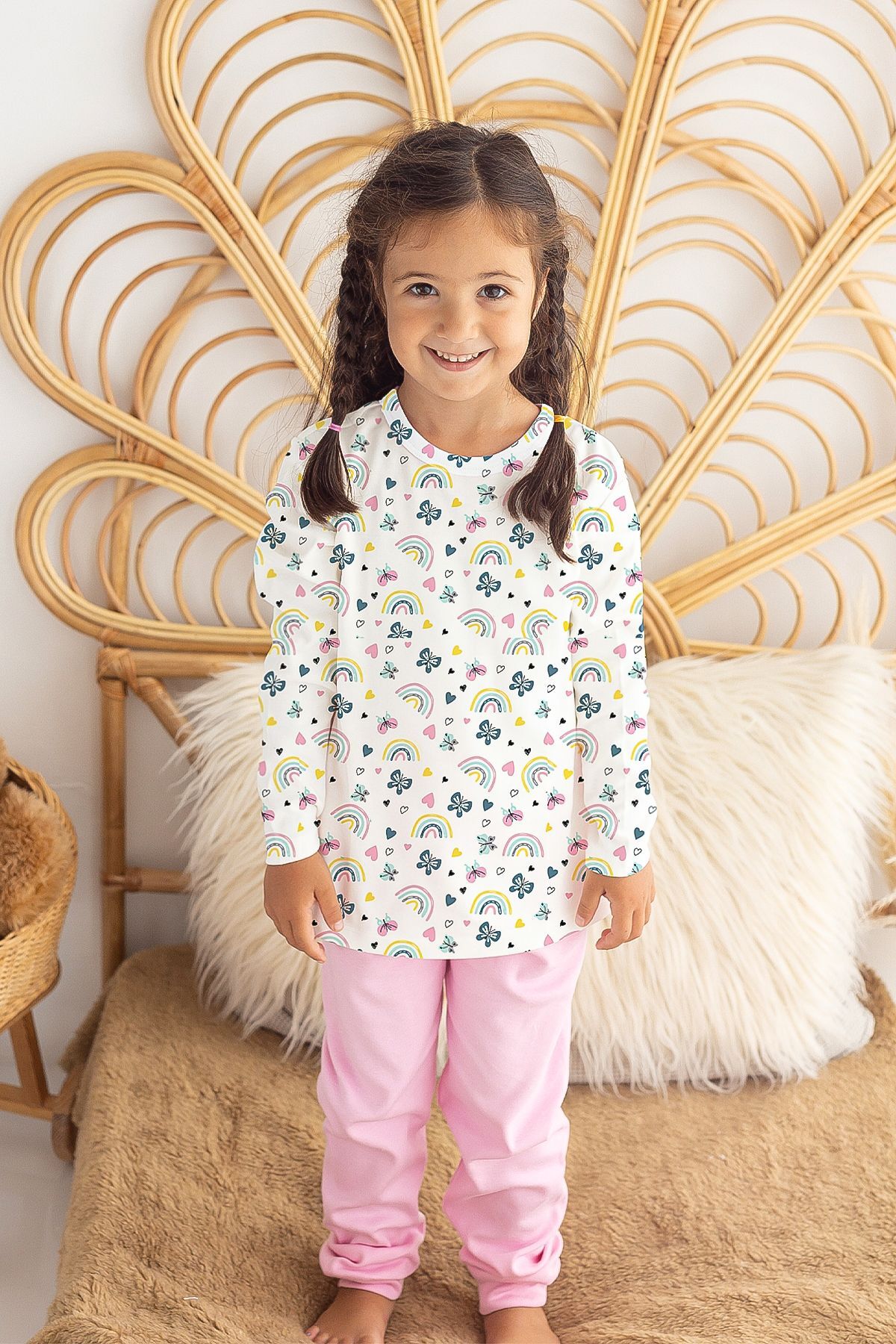 %100 Pamuk Kelebekli Bebek Çocuk Pijama Takımı 1 Yaş - Pembe