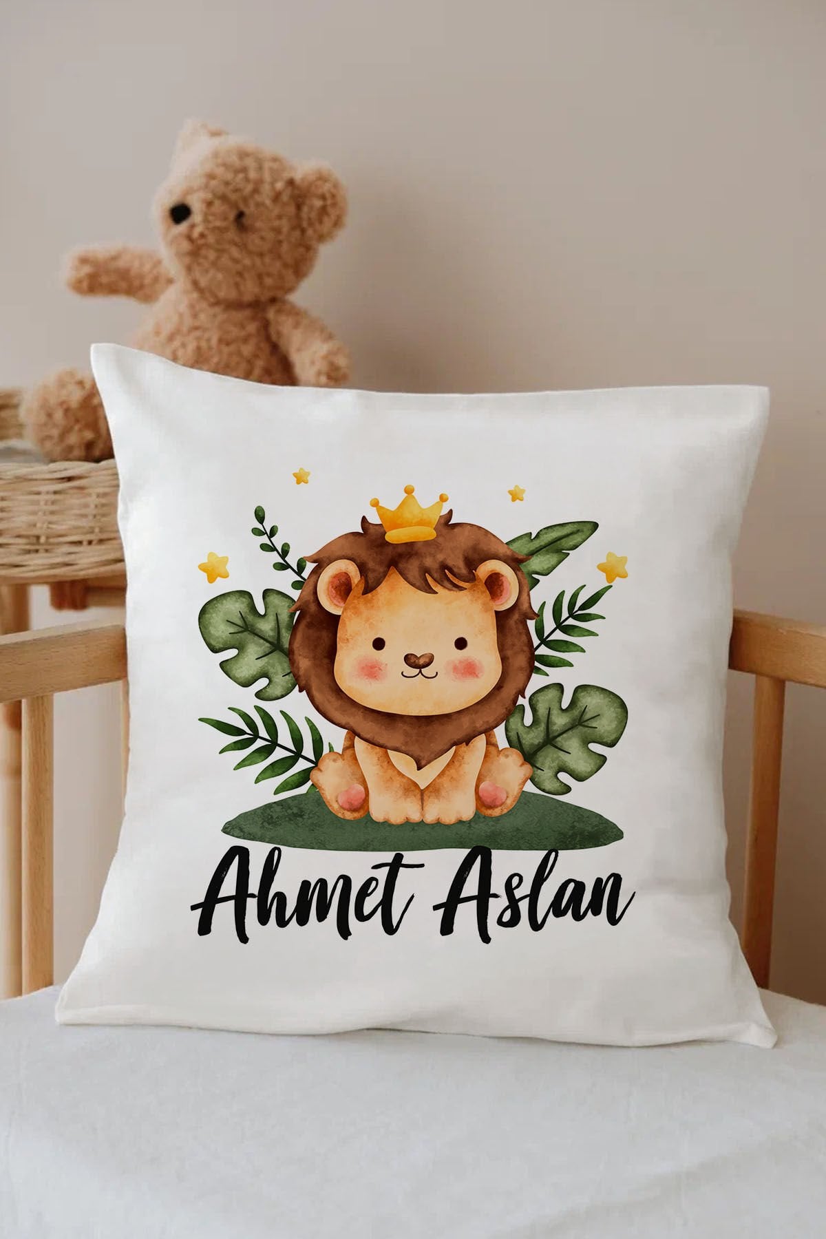 İsme Özel %100 Pamuk Çocuk Odası Kırlent Kılıfı-dallı aslan