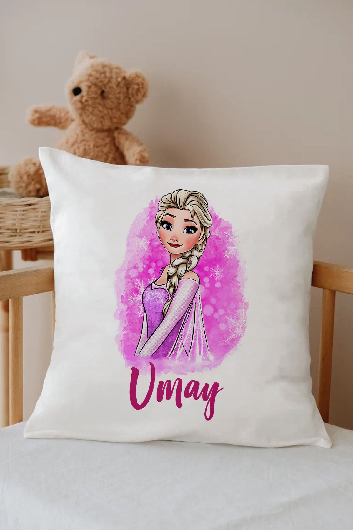 İsme Özel %100 Pamuk Çocuk Odası Kırlent Kılıfı-Pembe Elsa