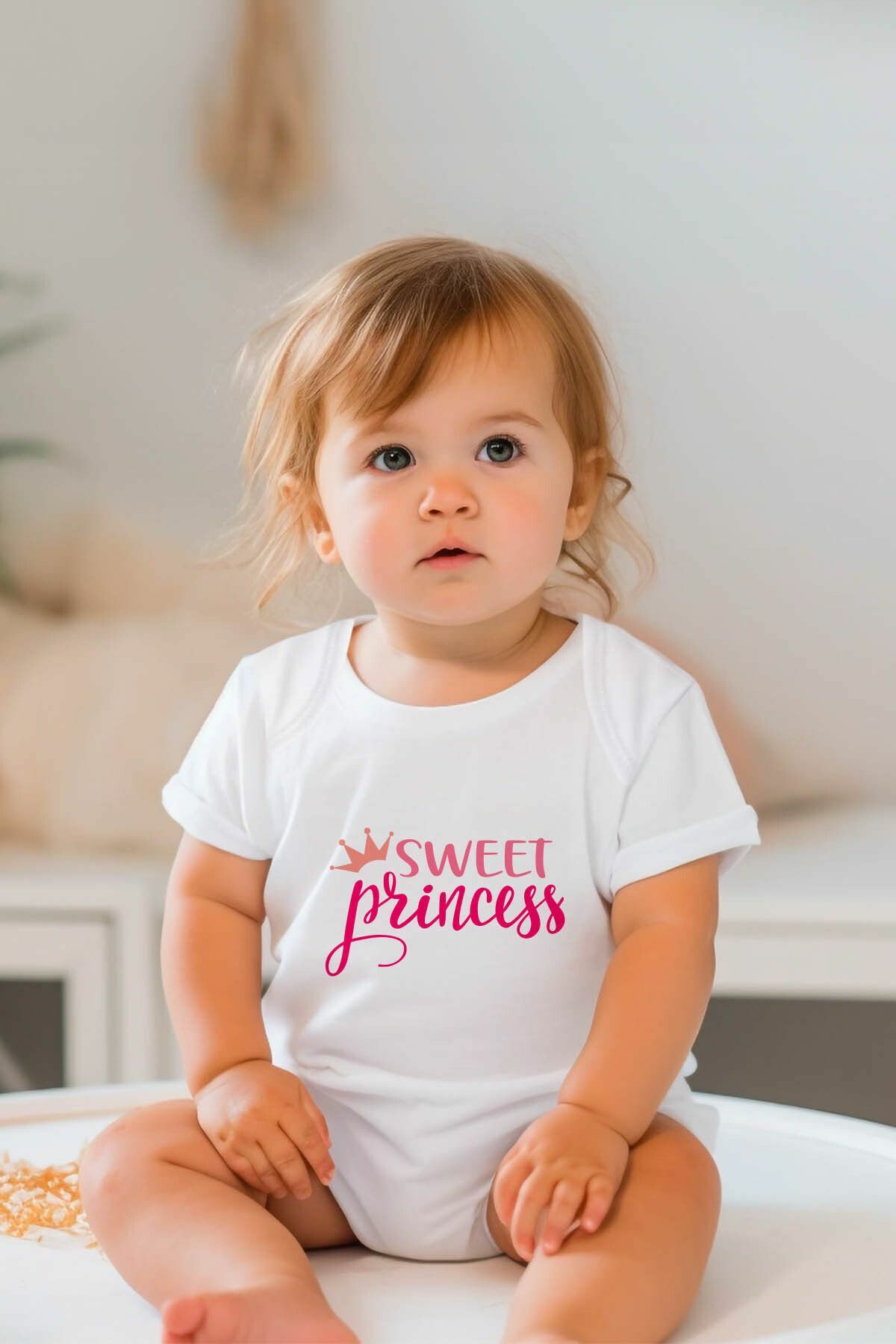 %100 Pamuk Kısa Kollu Bebek Body Sweet Princess 2 YAŞ - Beyaz