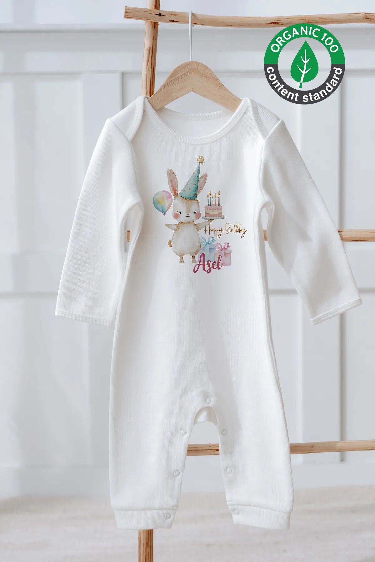 %100 Pamuk İsme Özel İsimli Doğum Günü Bebek Tulum Tavşan 6-9 AY - Ekru