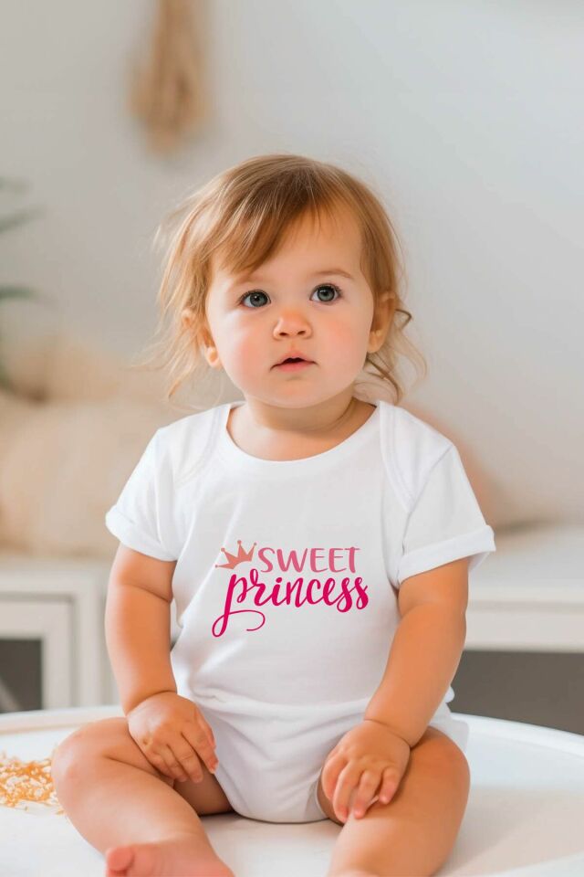 %100 Pamuk Kısa Kollu Bebek Body Sweet Princess 9 - 12 Ay - Beyaz