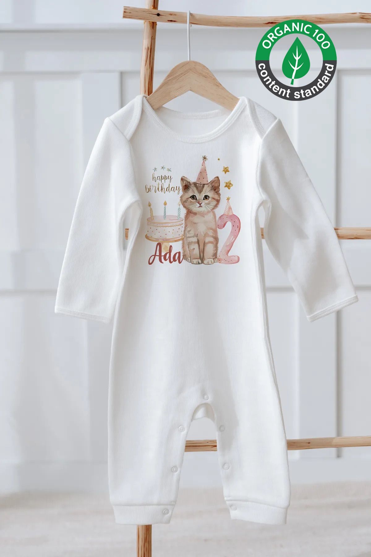 %100 Pamuk İsme Özel İsimli Doğum Günü Bebek Tulum 2 Yaş Kedi 24-36 Ay - Ekru