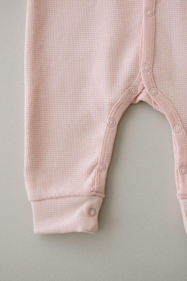 Uzun Kollu Nakış İşlemeli Waffle Kumaş Bebek Tulum 3 Ay - Pudra