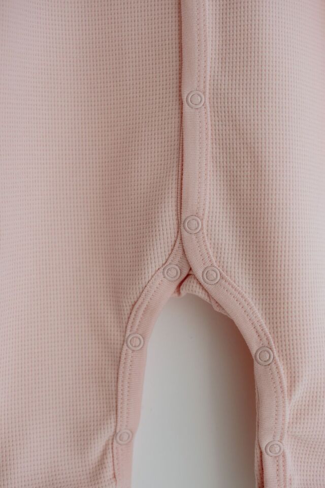 Uzun Kollu Nakış İşlemeli Waffle Kumaş Bebek Tulum 3 Ay - Pudra