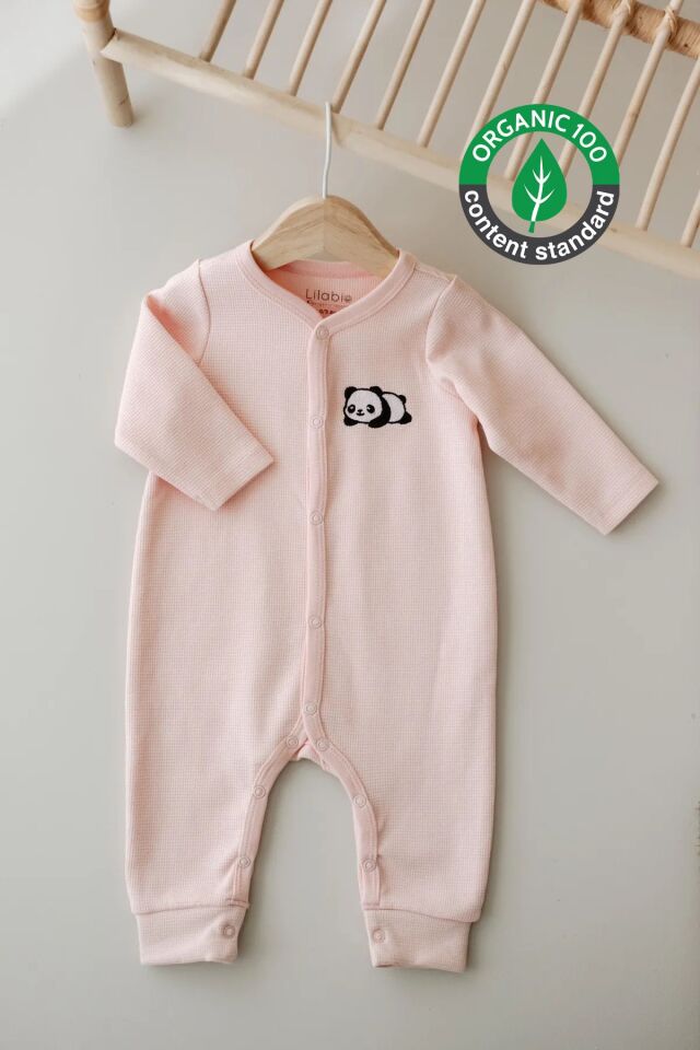 Uzun Kollu Nakış İşlemeli Waffle Kumaş Bebek Tulum 3 Ay - Pudra