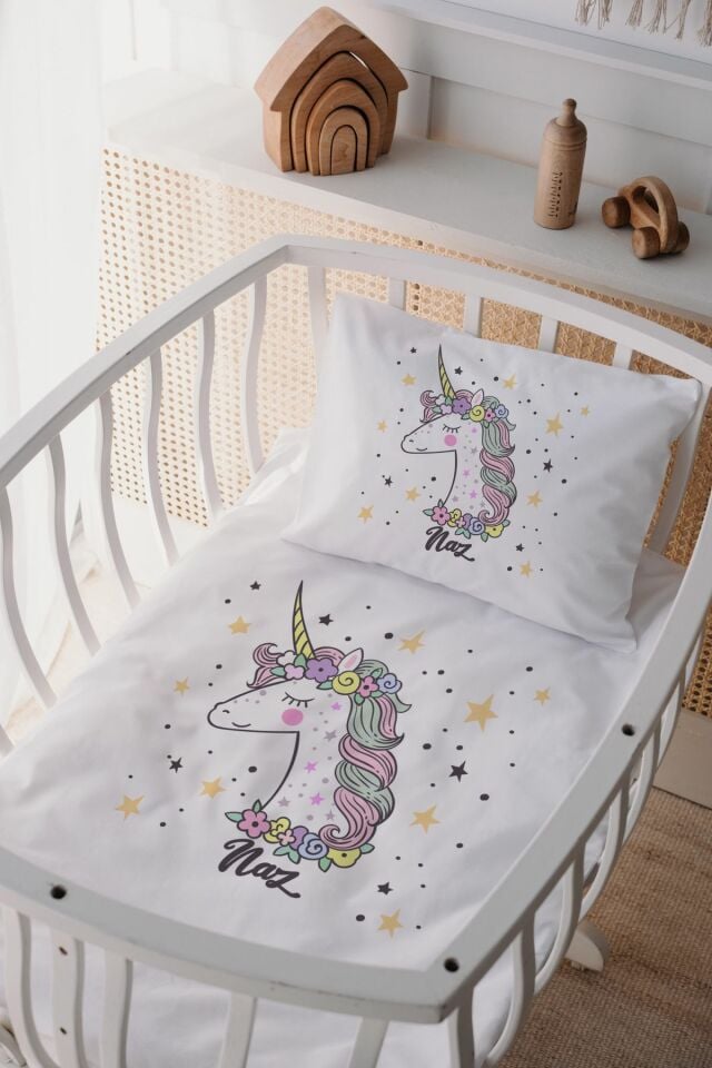 %100 Delux Pamuk İsme Özel 60x100 Anne Yanı Beşik Nevresim Takımı Unicorn