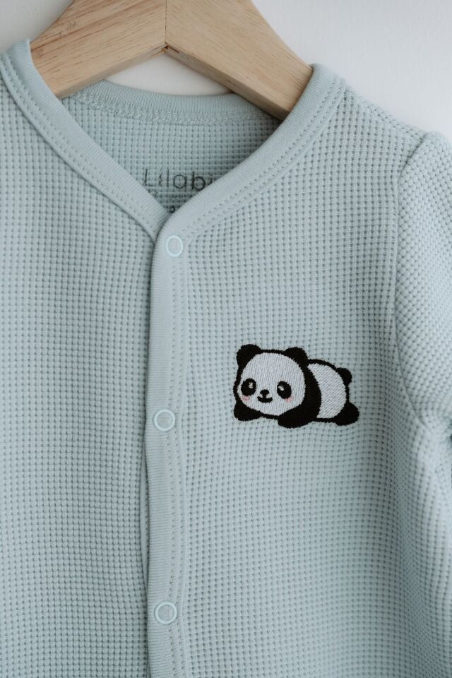 Uzun Kollu Nakış İşlemeli Waffle Kumaş Bebek Tulum 1 Yaş - Mavi