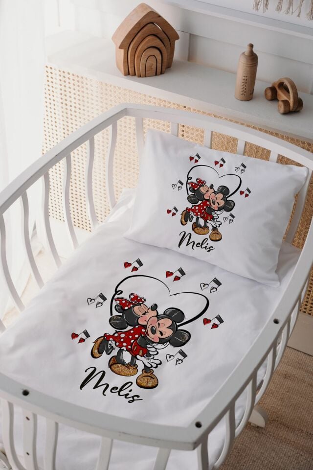 %100 Delux Pamuk İsme Özel 60x100 Anne Yanı Beşik Nevresim Takımı Mickey