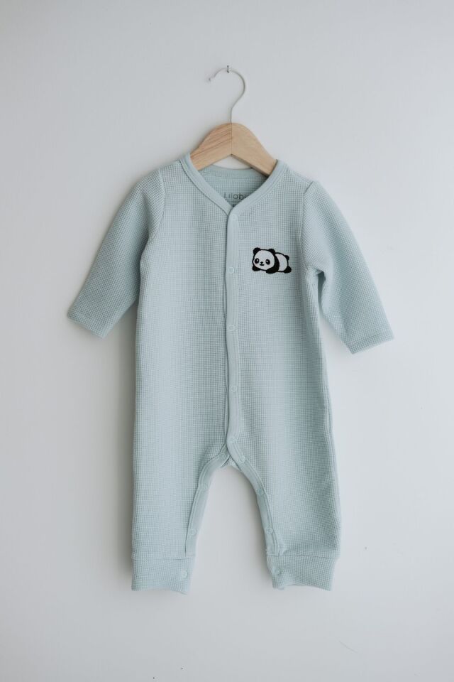 Uzun Kollu Nakış İşlemeli Waffle Kumaş Bebek Tulum 3 Ay - Mavi