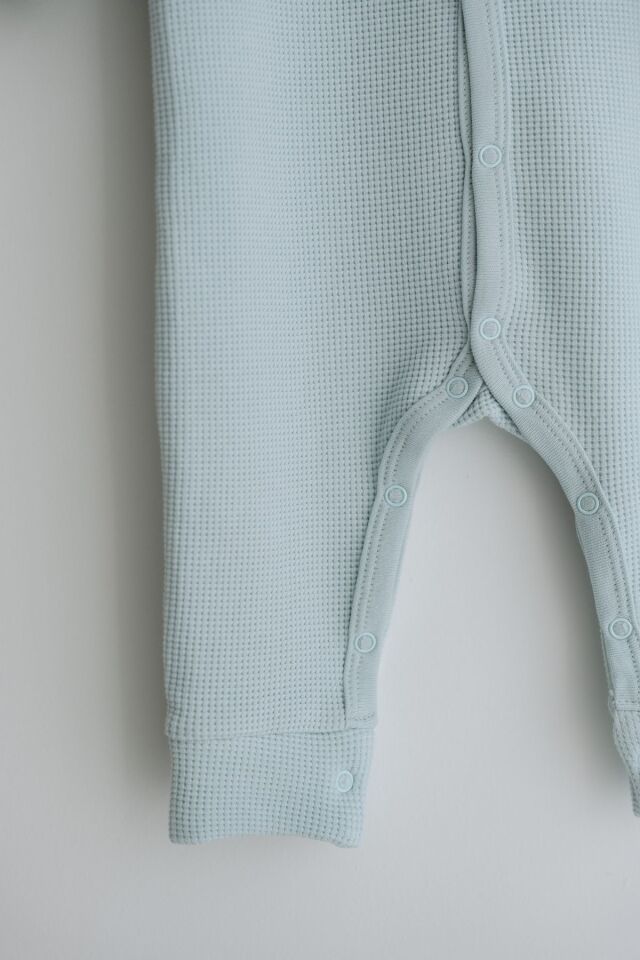 Uzun Kollu Nakış İşlemeli Waffle Kumaş Bebek Tulum 3 Ay - Mavi