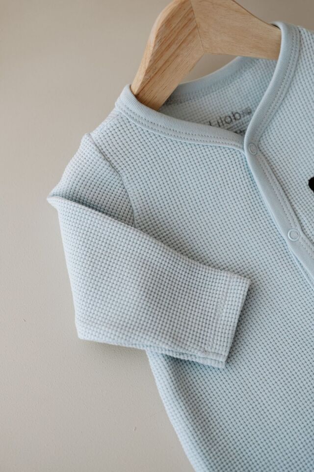 Uzun Kollu Nakış İşlemeli Waffle Kumaş Bebek Tulum 3 Ay - Mavi