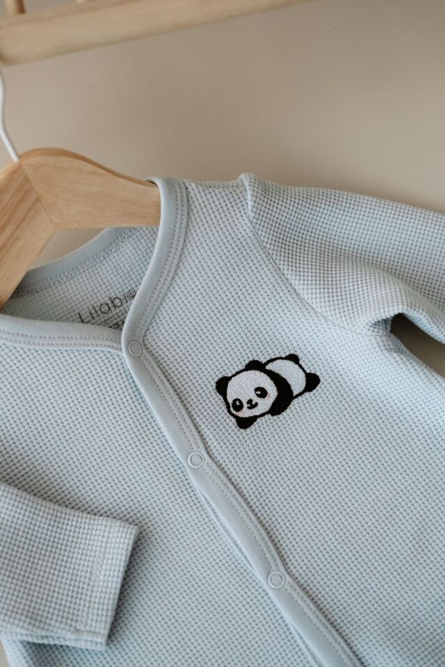 Uzun Kollu Nakış İşlemeli Waffle Kumaş Bebek Tulum 3 Ay - Mavi