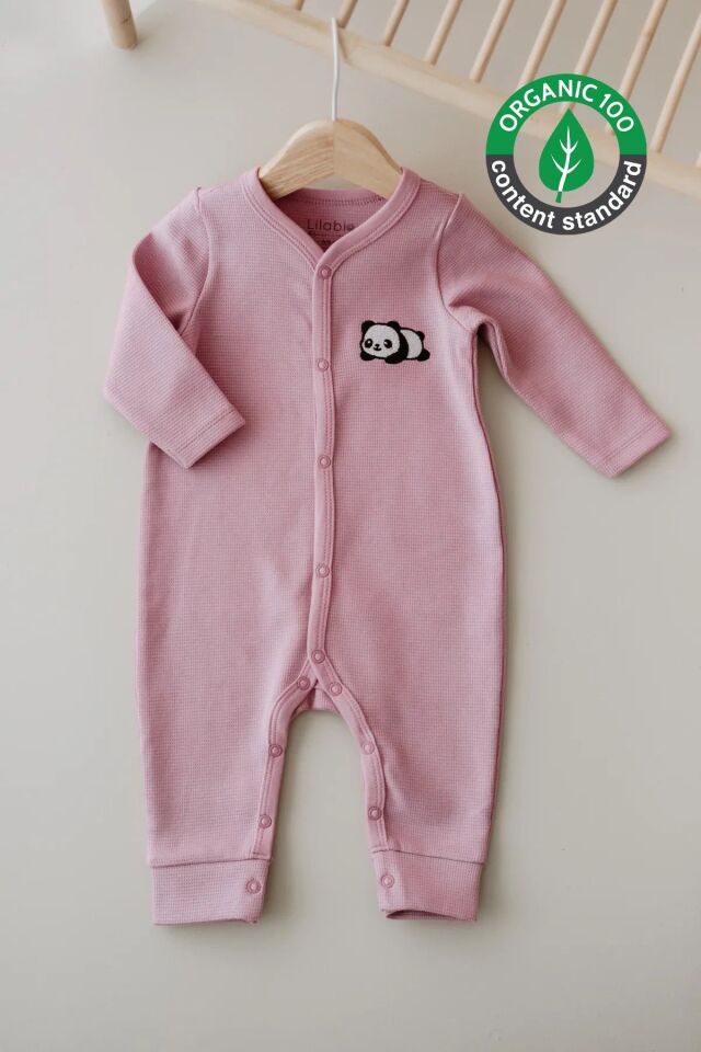 Uzun Kollu Nakış İşlemeli Waffle Kumaş Bebek Tulum 1 Yaş - Pembe