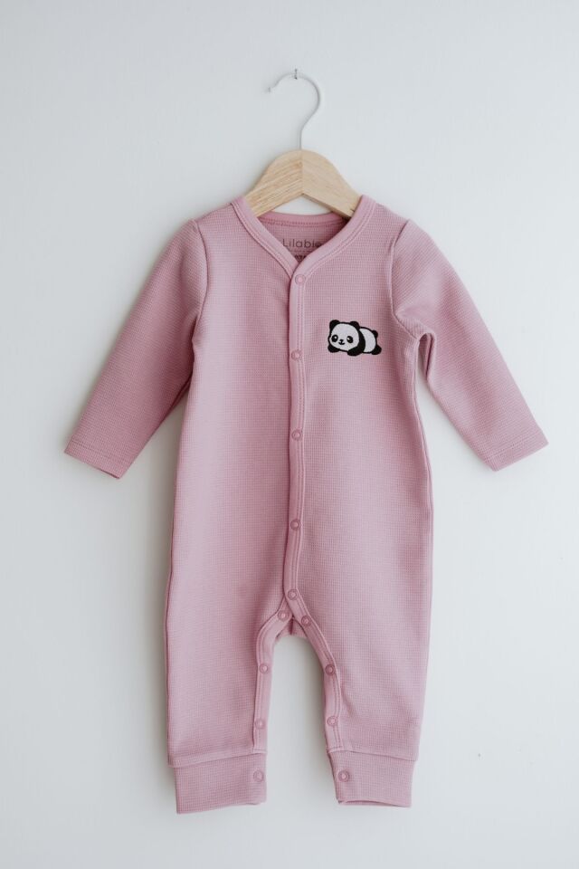 Uzun Kollu Nakış İşlemeli Waffle Kumaş Bebek Tulum 1 Yaş - Pembe