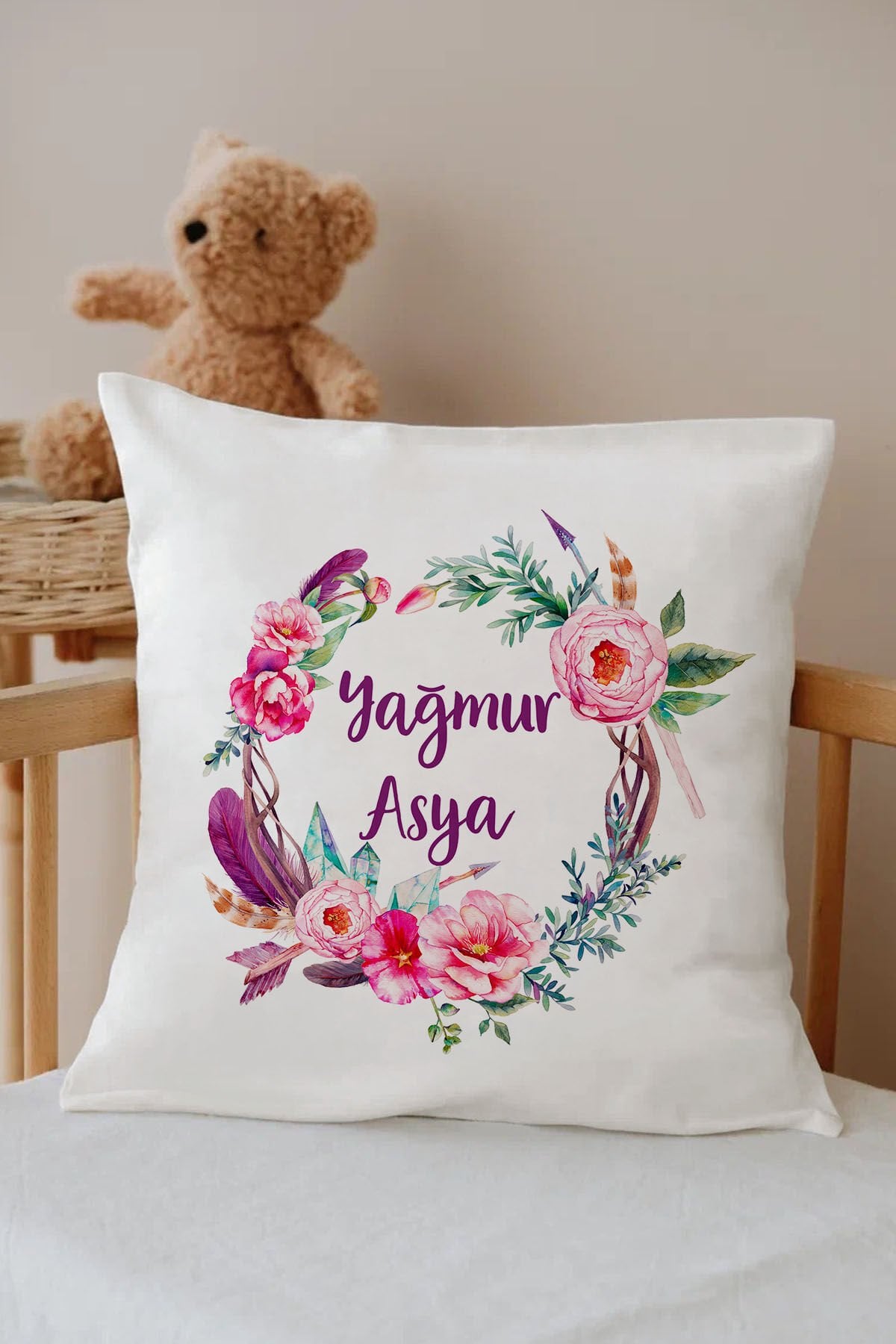 İsme Özel %100 Pamuk Çocuk Odası Kırlent Kılıfı-Lila Çember