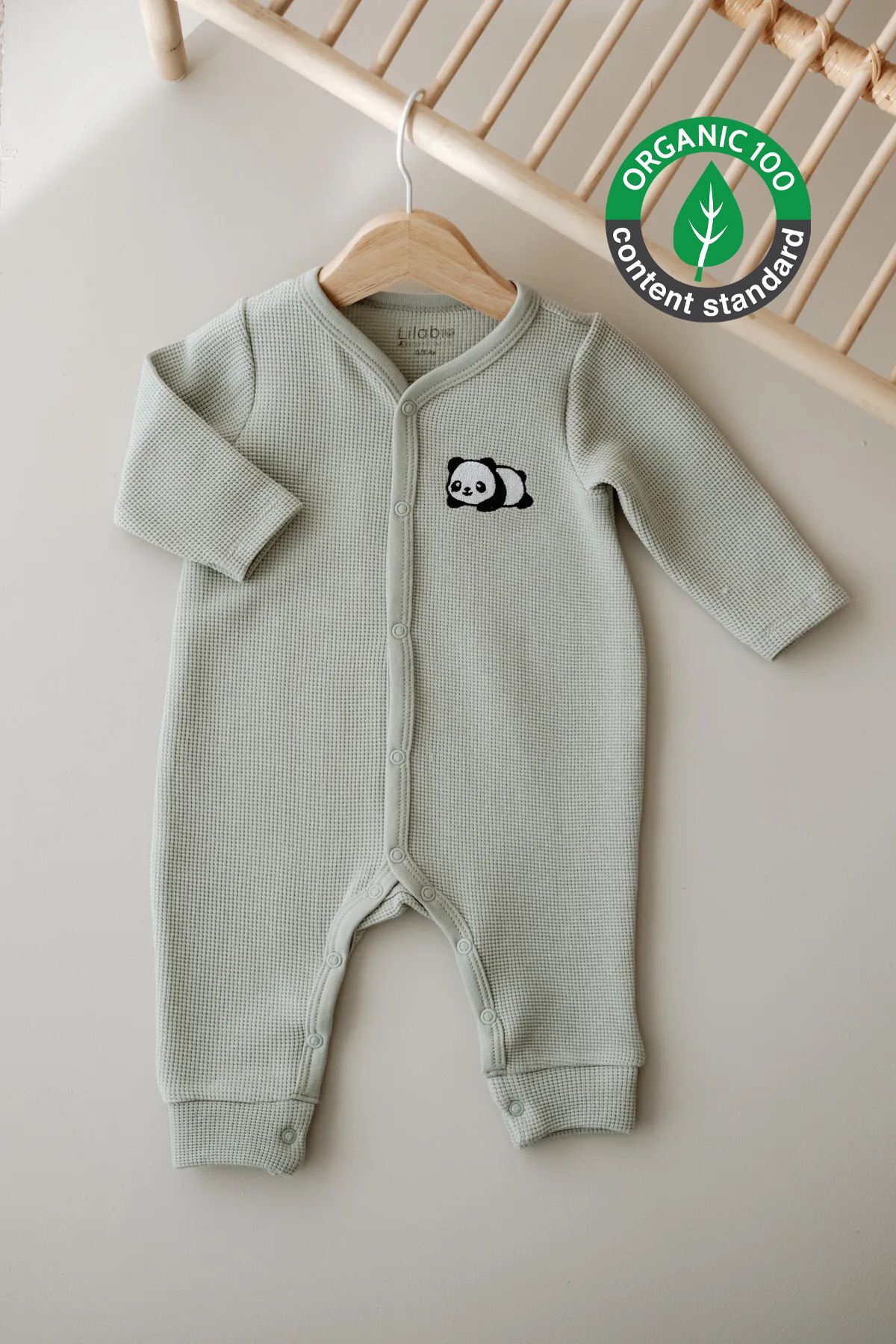 Uzun Kollu Nakış İşlemeli Waffle Kumaş Bebek Tulum 9 Ay - Yeşil