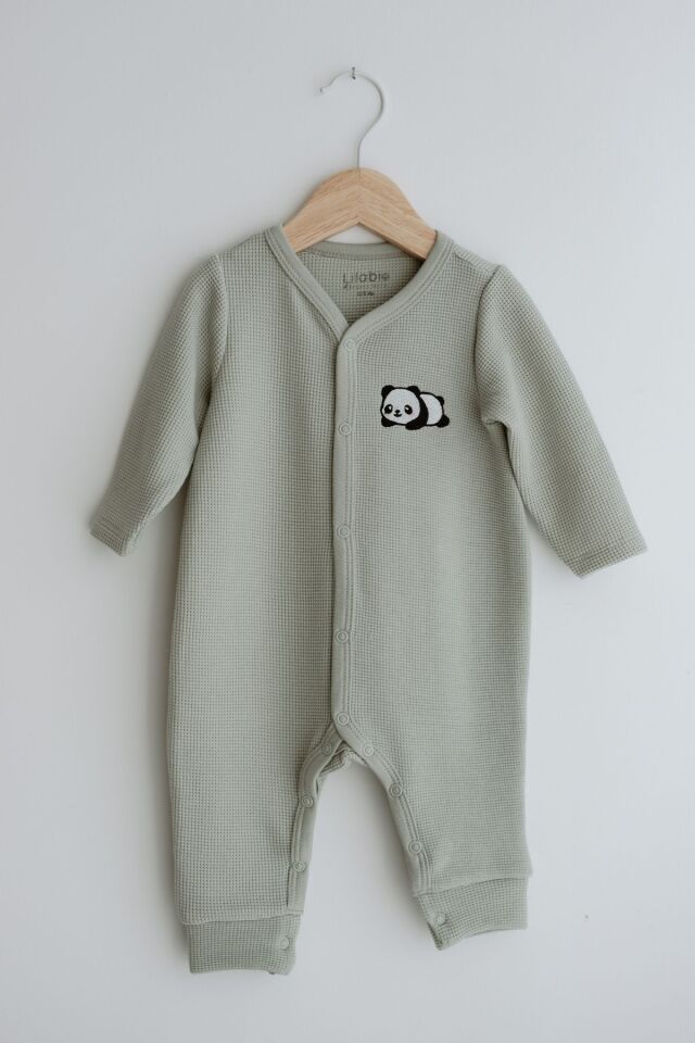 Uzun Kollu Nakış İşlemeli Waffle Kumaş Bebek Tulum 1 Yaş - Yeşil