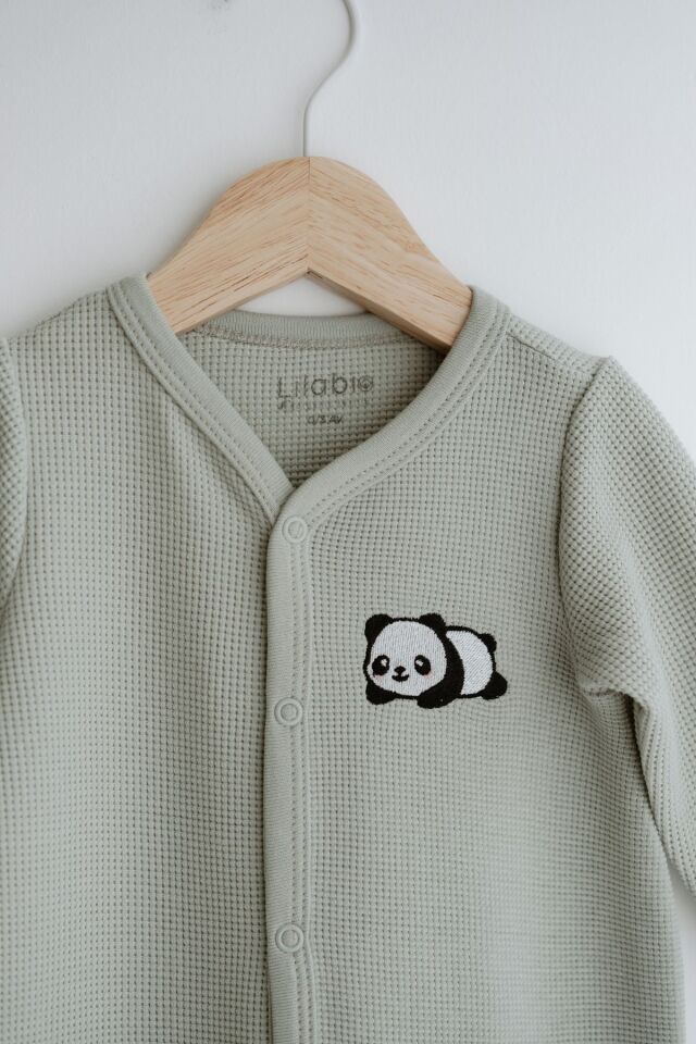 Uzun Kollu Nakış İşlemeli Waffle Kumaş Bebek Tulum 1 Yaş - Yeşil