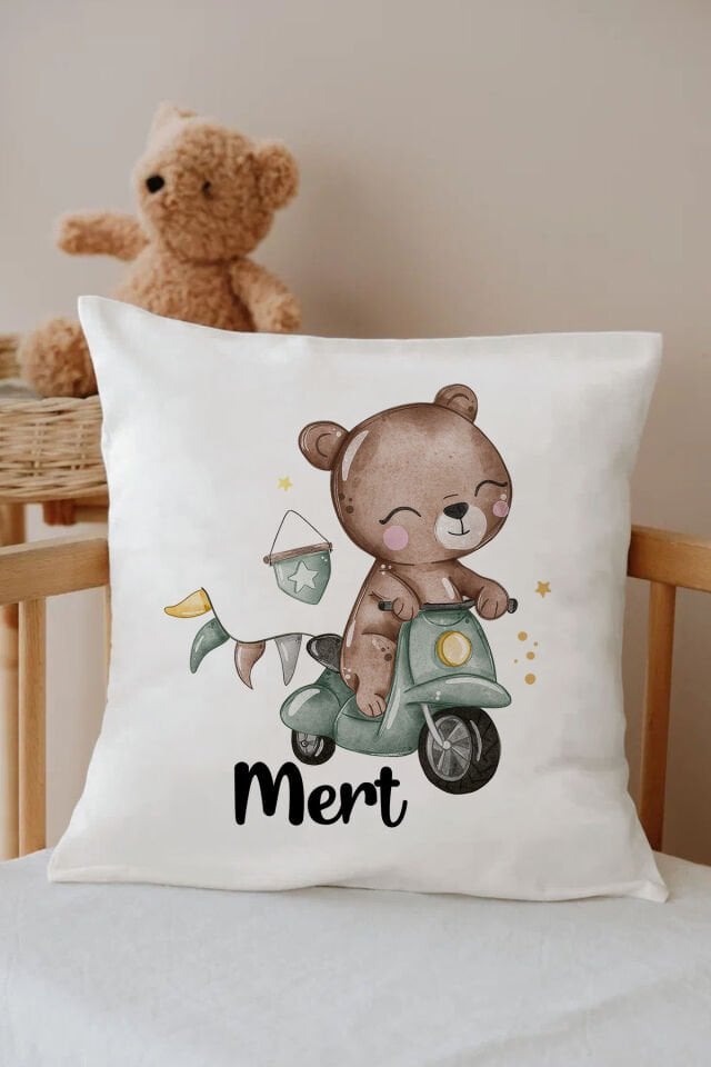 İsme Özel %100 Pamuk Çocuk Odası Kırlent Kılıfı-motorlu ayıcık