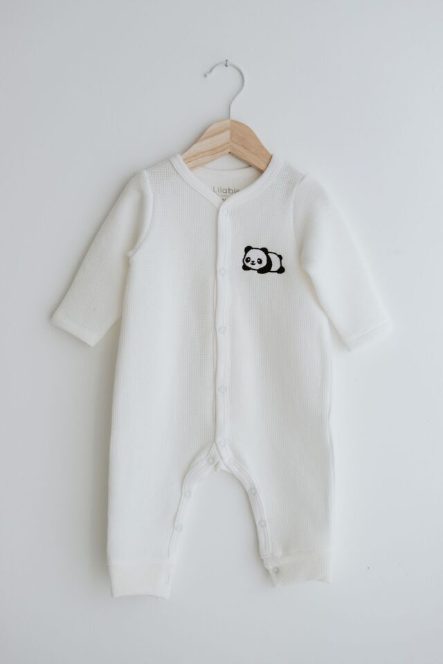 Uzun Kollu Nakış İşlemeli Waffle Kumaş Bebek Tulum 3 Ay - Beyaz