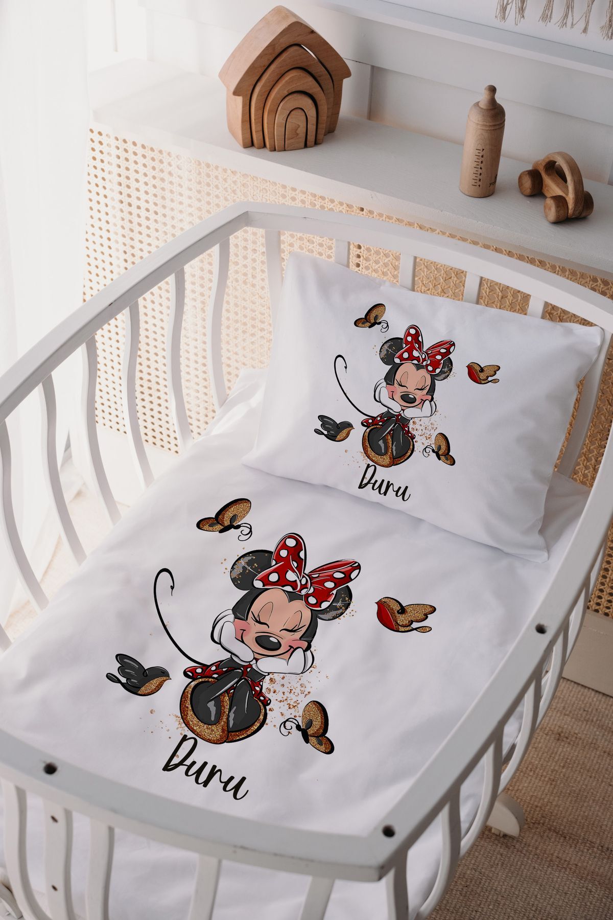 %100 Pamuk Saten Anne Yani Beşik Nevresim Takımı Minnie Mouse