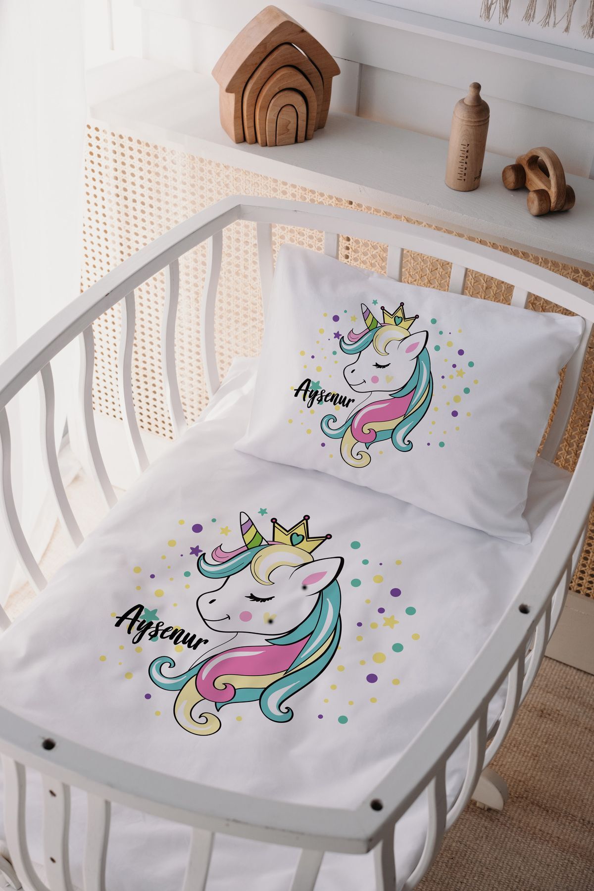 %100 Pamuk Saten Anne Yani Beşik Nevresim Takımı Unicorn