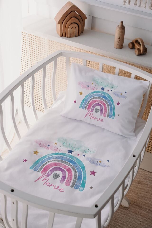 %100 Pamuk Saten Anne Yani Beşik Nevresim Takımı Gökkuşağı