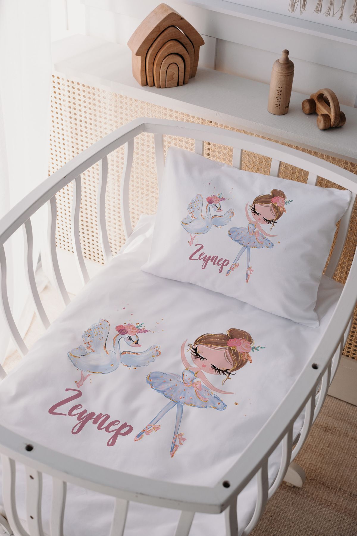 %100 Pamuk Saten Anne Yani Beşik Nevresim Takımı Balerin Balerin Kuğu