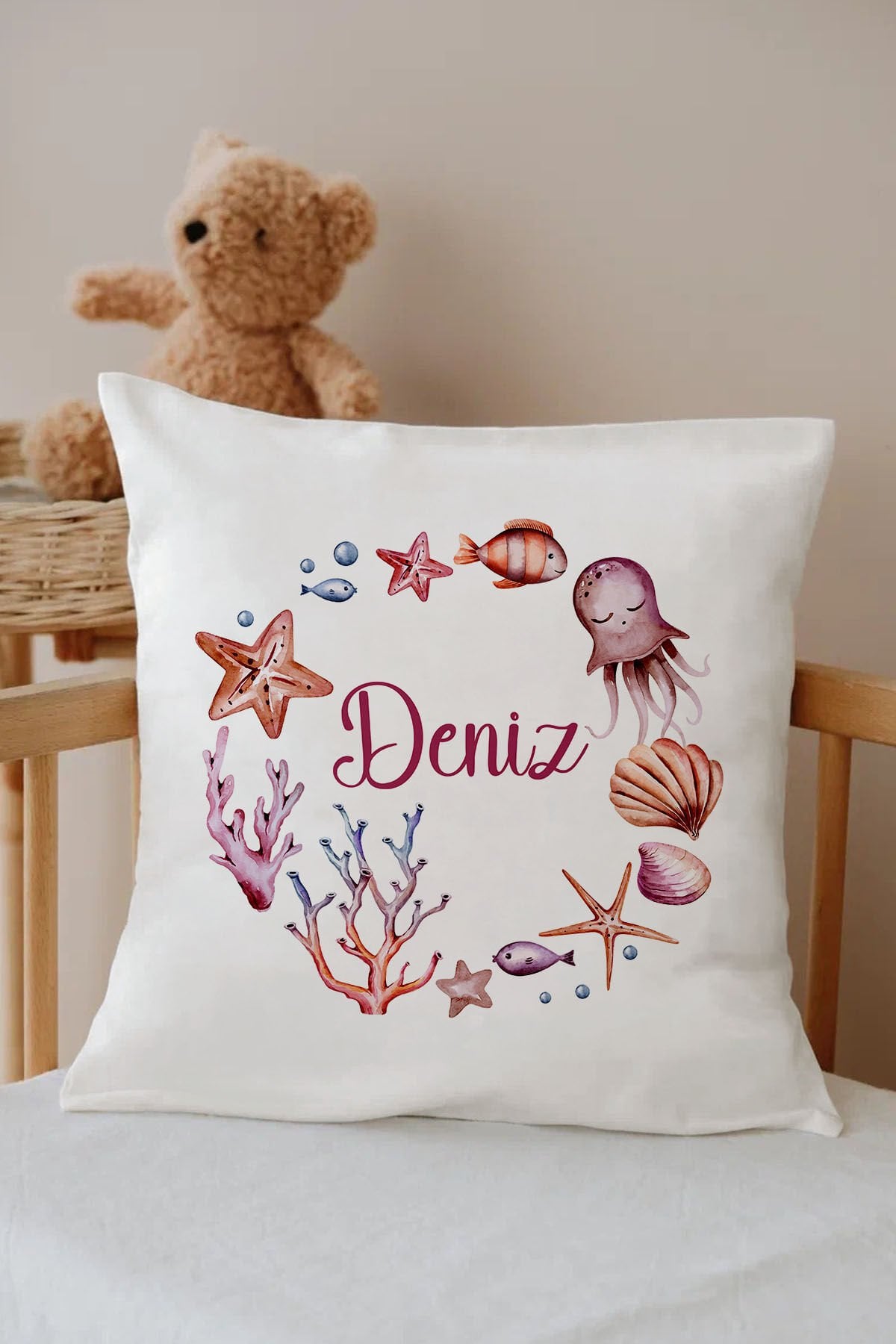 İsme Özel %100 Pamuk Çocuk Odası Kırlent Kılıfı-Çember Deniz