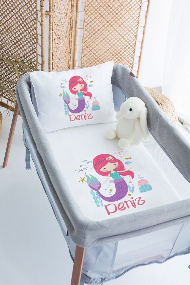 %100 Delux Pamuk İsme Özel 70x120 Park Yatak Nevresim Takımı Deniz Kızı