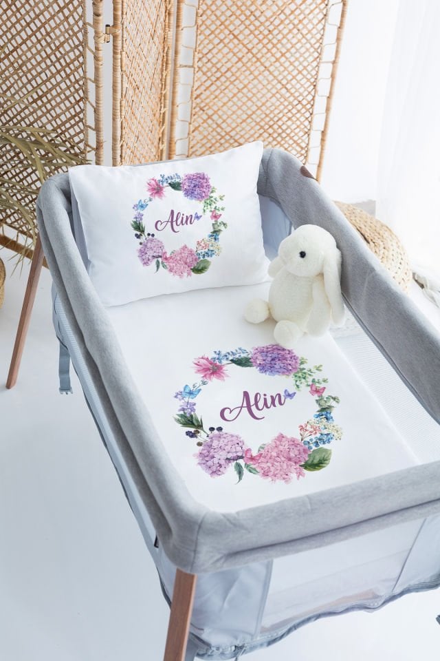 %100 Delux Pamuk İsme Özel 70x120 Park Yatak Nevresim Takımı Çiçek