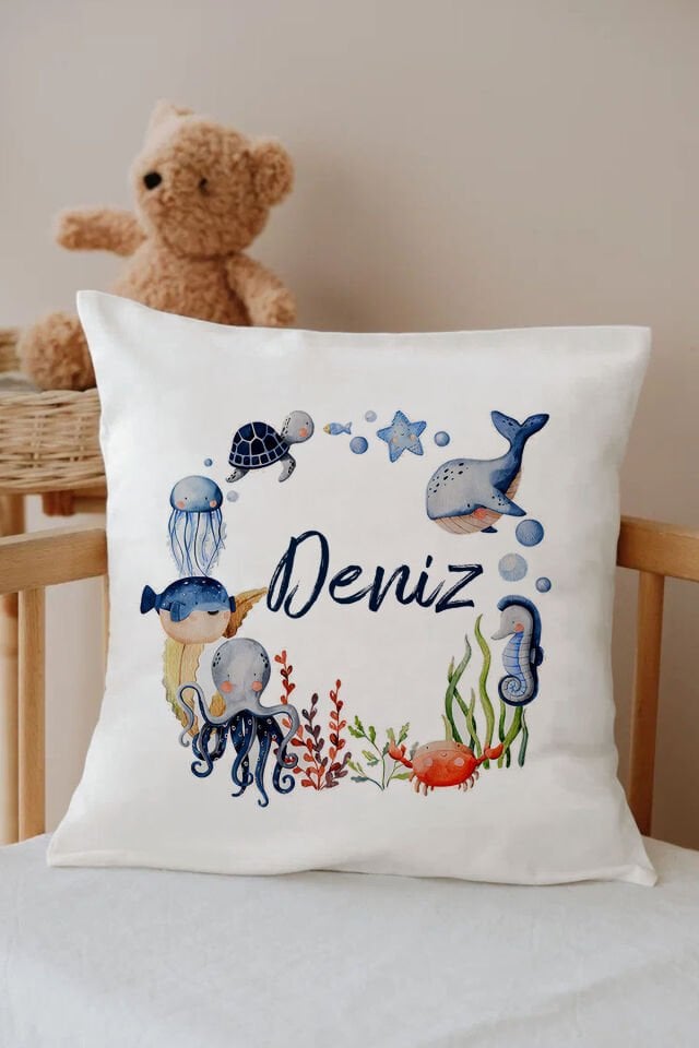 İsme Özel %100 Pamuk Çocuk Odası Kırlent Kılıfı-Mavi Deniz Canlıları