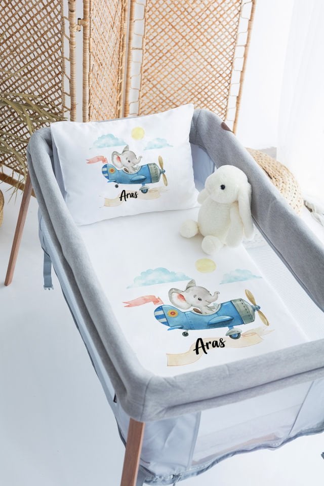%100 Delux Pamuk İsme Özel 70x120 Park Yatak Nevresim Takımı Fil