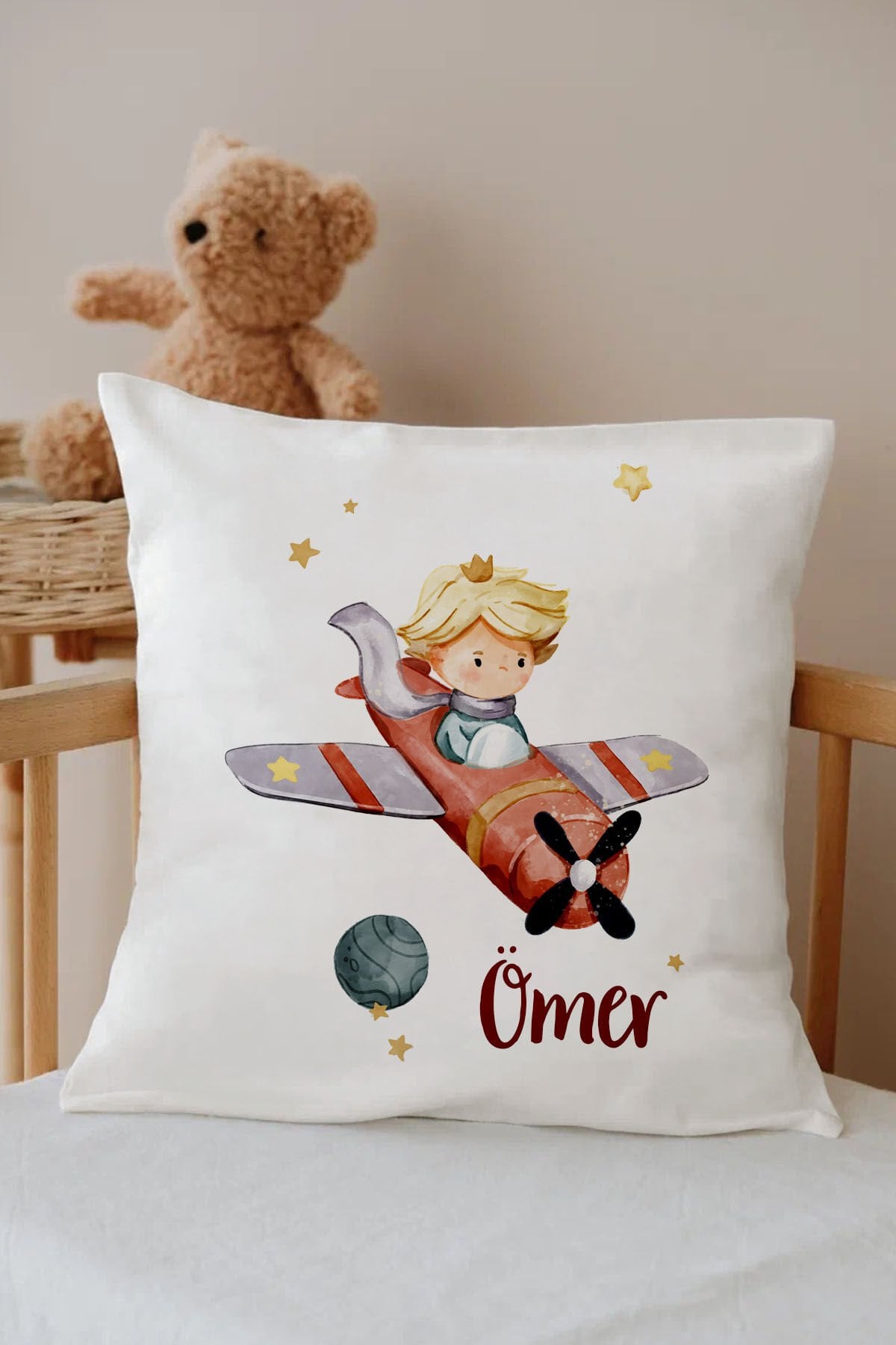 İsme Özel %100 Pamuk Çocuk Odası Kırlent Kılıfı-Uçak Model