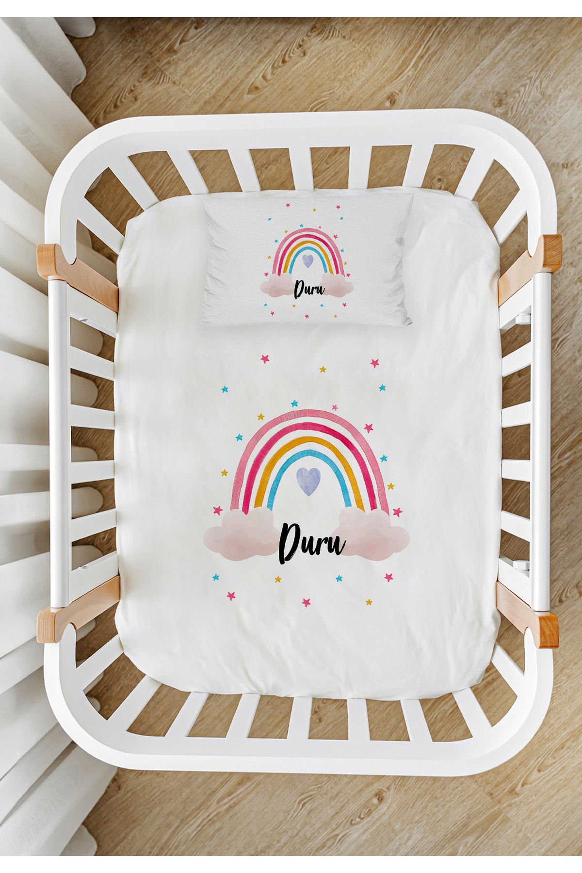 %100 Pamuk İsme Özel Park Yatak Çarşaf Seti (120x180) Gökkuşağı Isme Özel %100 Pamuk Park Yatak Çarşaf Seti (120X180)