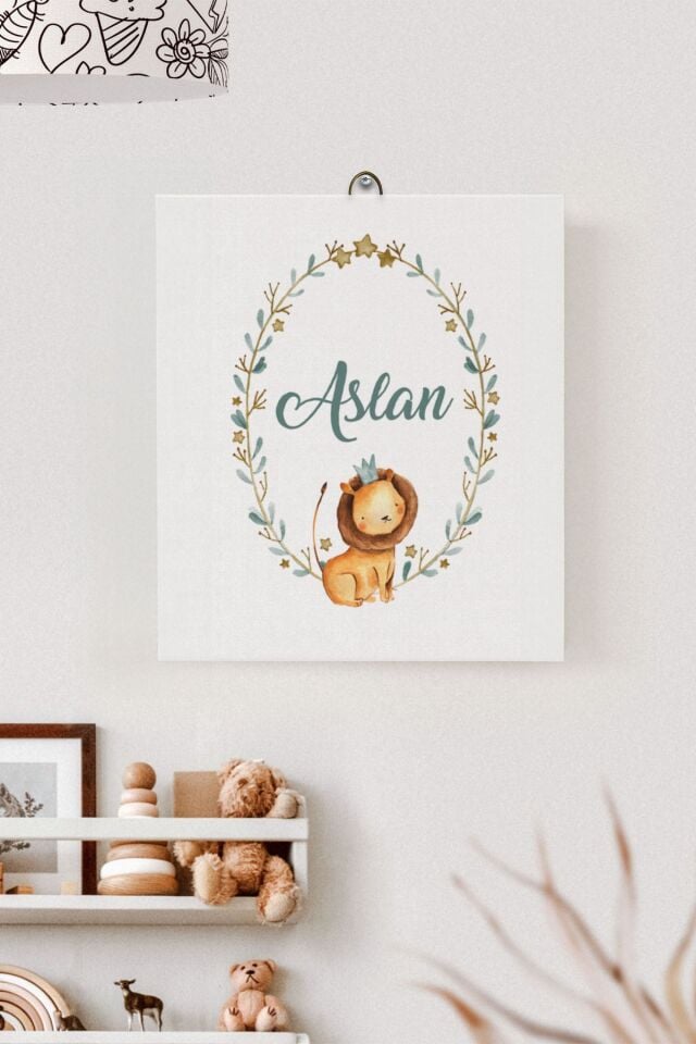 İsme Özel Çocuk Odası Kanvas Tablo Aslan (17x21 Cm)