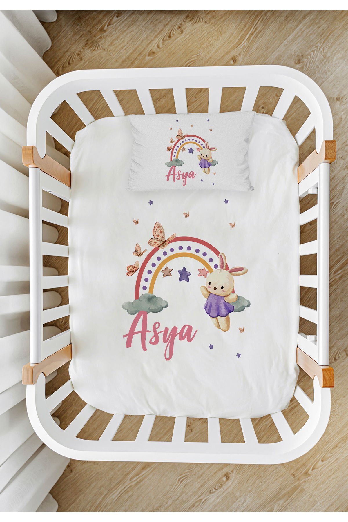 %100 Pamuk İsme Özel Park Yatak Çarşaf Seti (120x180) Tavşan Isme Özel %100 Pamuk Park Yatak Çarşaf Seti (120X180)