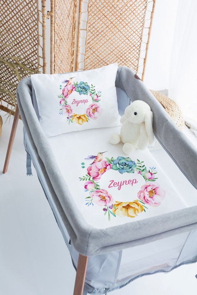 %100 Delux Pamuk İsme Özel 70x120 Park Yatak Nevresim Takımı Çiçek