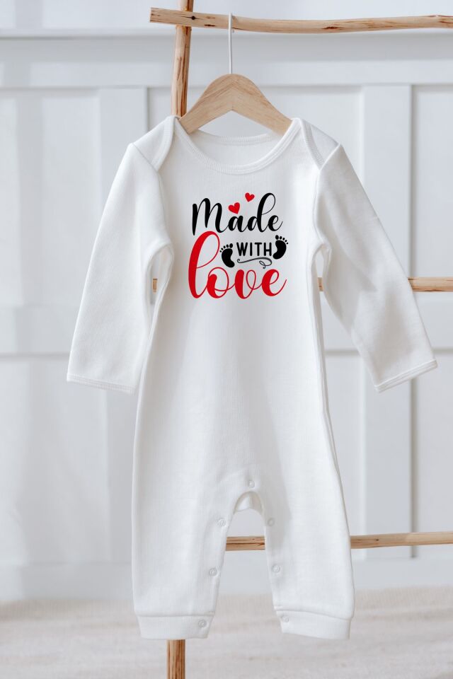 %100 Organik Pamuk Uzun Kollu Sevgililer Günü Temalı Bebek Tulum Made with Love