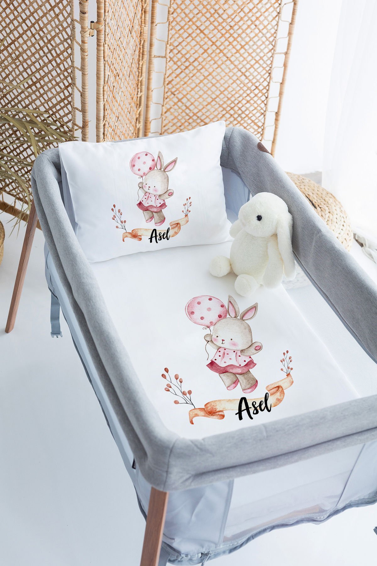 %100 Delux Pamuk İsme Özel 70x120 Park Yatak Nevresim Takımı Tavşan