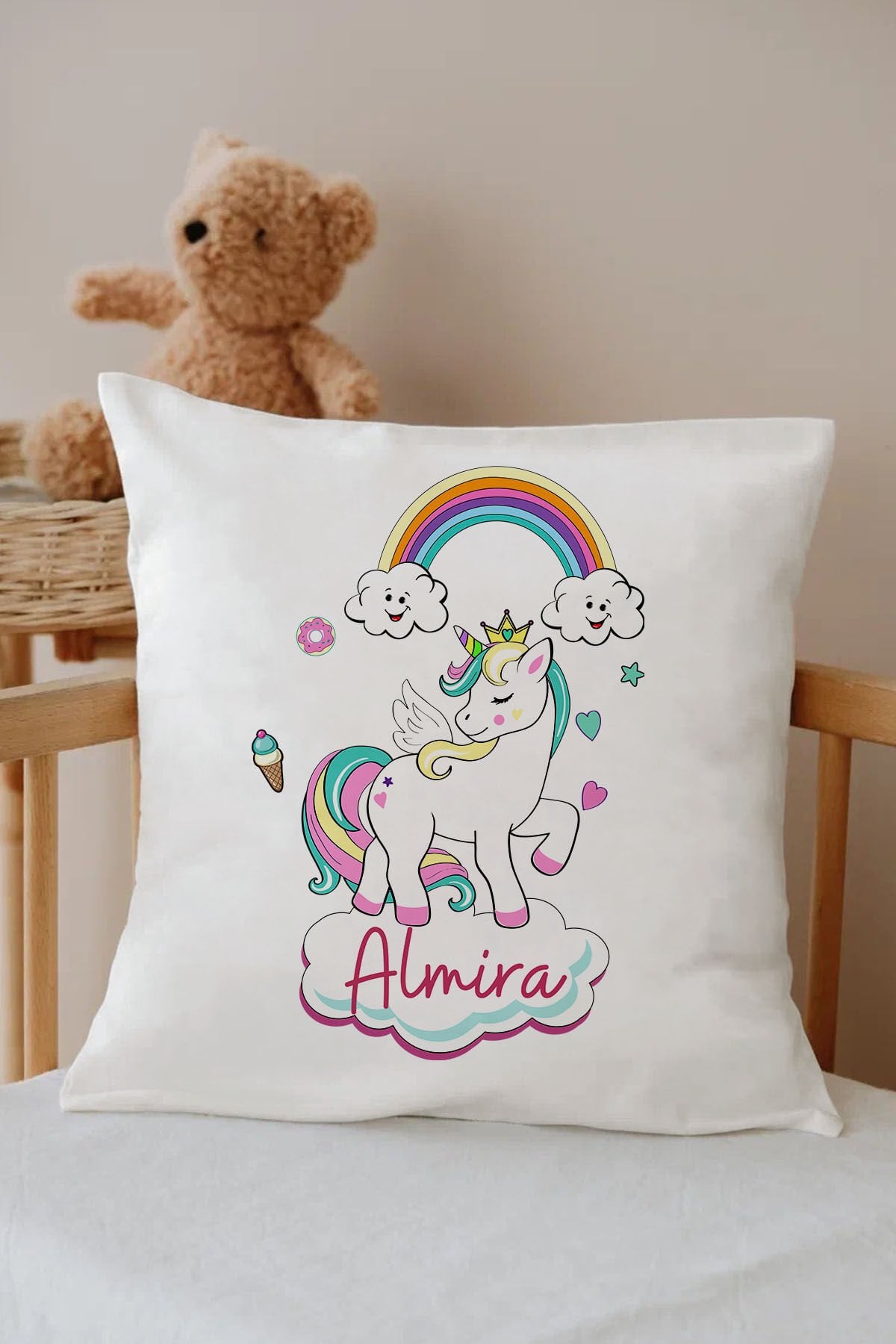 İsme Özel %100 Pamuk Çocuk Odası Kırlent Kılıfı-Unicorn