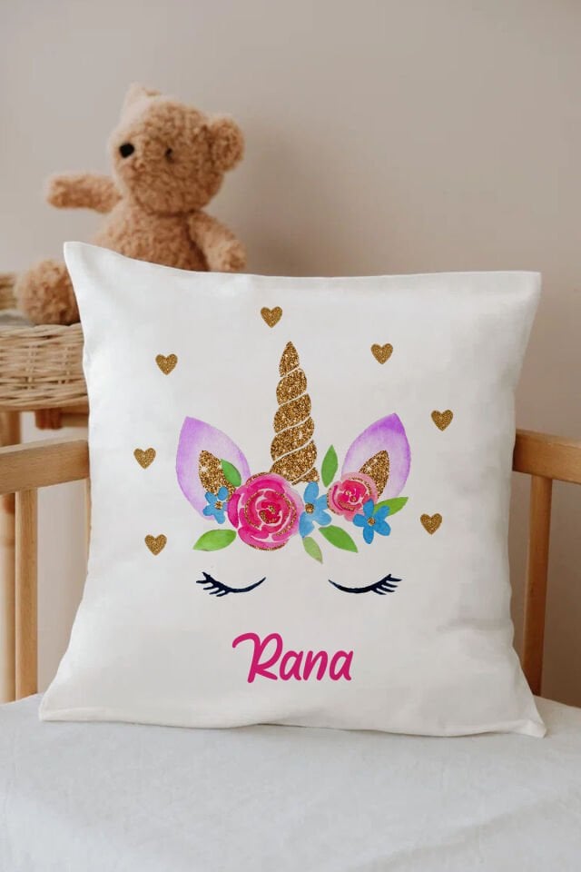 İsme Özel %100 Pamuk Çocuk Odası Kırlent Kılıfı-Renkli unicorn