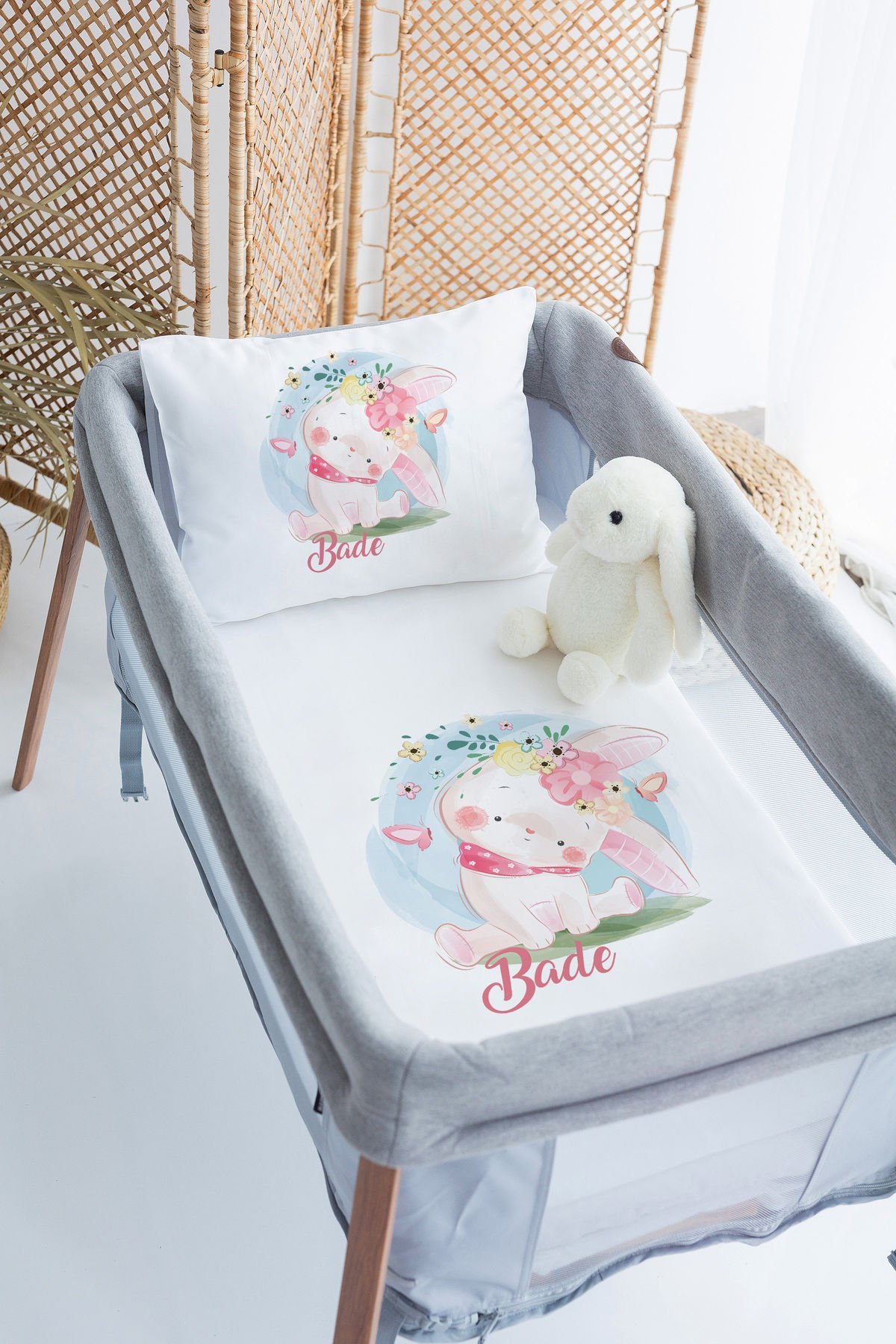 %100 Delux Pamuk İsme Özel 70x120 Park Yatak Nevresim Takımı Tavşan