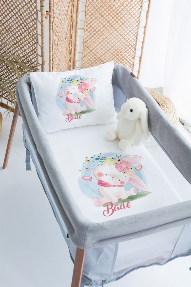 %100 Delux Pamuk İsme Özel 70x120 Park Yatak Nevresim Takımı Tavşan