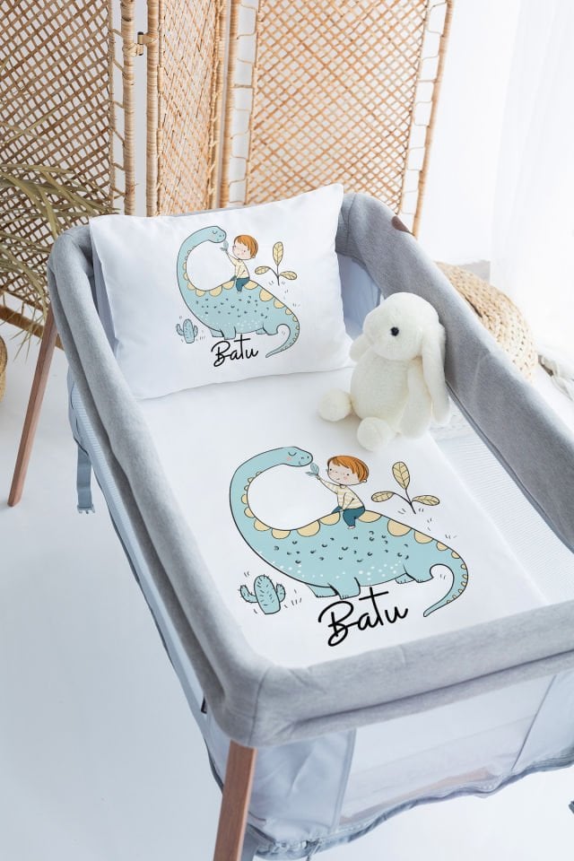 %100 Delux Pamuk Isme Özel 70x120 Park Yatak Nevresim Takımı Dinozor