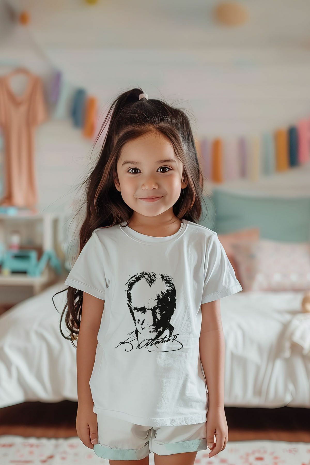 Unisex %100 Pamuk Kız Çocuk Atatürk Baskılı Kısa Kollu Tişört