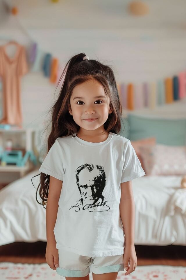 Unisex %100 Pamuk Kız Çocuk Atatürk Baskılı Kısa Kollu Tişört